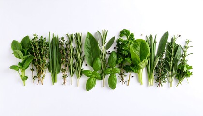 A flat lay showcases a vibrant assortment of fresh, green herbs against a clean, white background, creating a visually appealing composition