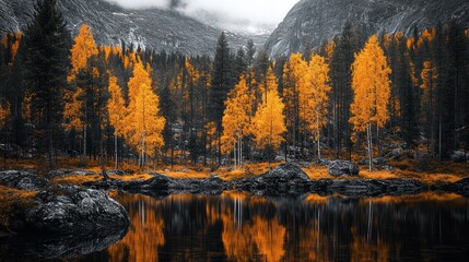 Obraz premium Autumnal lake with vibrant gold trees reflecting in dark water, dramatic mountains
