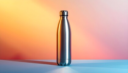 Stainless Steel Reusable Water Bottle on Minimal Gradient Background.