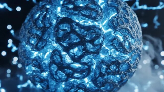 An abstract representation of a blue, textured sphere with intricate details and surrounding particles in a dark environment