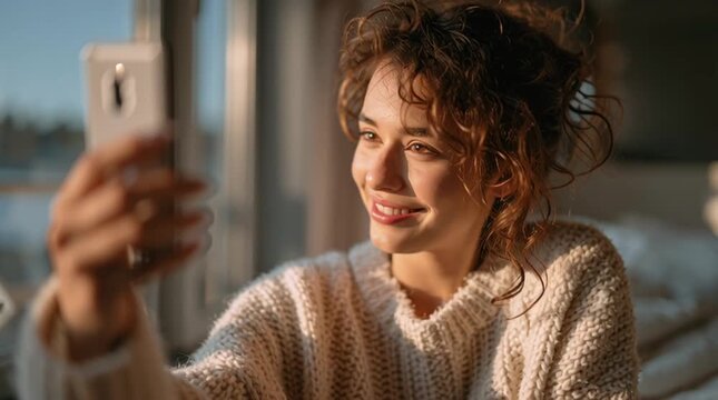 Young woman filming herself with a smartphone in a cozy modern apartment. Natural window light and shallow depth of field create an authentic, relatable influencer marketing style.