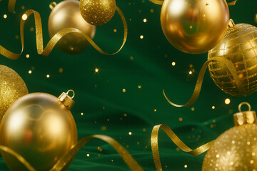 Golden Christmas Ornaments and Sparkling Ribbons on Emerald Green Background