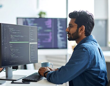 Man at a desk works on computer code on monitors, wearing glasses, in an office, side view, bright daylight