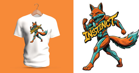 This vector T-shirt depicts a stylized humanoid fox in a fighting stance with graffiti lettering reading “Instinct.” The design incorporates strong comic-style anatomy, dripping accents, splattered