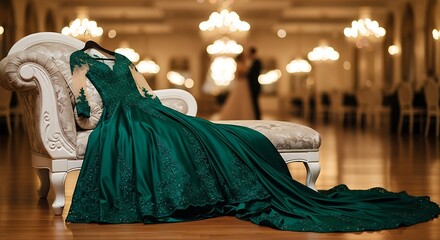 Elegant emerald green wedding dress gown on chaise lounge bridal fashion photography design inspiration