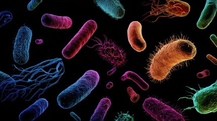 Detailed, vibrant 3D rendering of diverse microscopic bacteria and virus organisms, including rod and flagellate shapes, in various colors (blue, pink, orange, green) on a stark black background