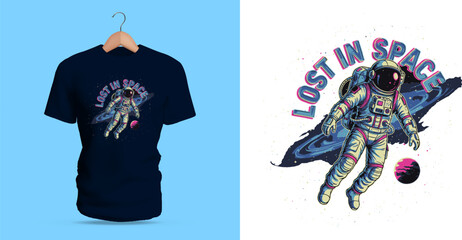 This vector T-shirt artwork features an astronaut floating through space with a drifting pose, illustrated in pink, blue, and white tones. Surrounding stars, cosmic dust, and stylized lighting effects © nicholasgeorgiou