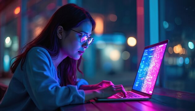 Young woman types on laptop in neon light. Night city background blurred. Colorful screen illuminates face. Focus on coding or digital art. Inspiring creative workspace. - Powered by Adobe