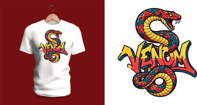 This vector T-shirt displays a coiled snake with graffiti lettering &ldquo;Venom.&rdquo; Scales, curves, dripping paint, splattered accents, and bold neon-inspired colors create a dynamic street-art reptile