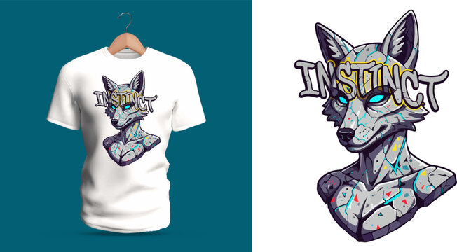 This vector T-shirt features a stylized fox sculpture with graffiti lettering &ldquo;Instinct.&rdquo; Chiseled stone-like textures, speckled colors, dripping details, and bold outlines blend organic and carved