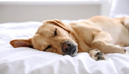 A golden-hued canine peacefully slumbers on a fluffy white bedspread, basking in natural light from a nearby window