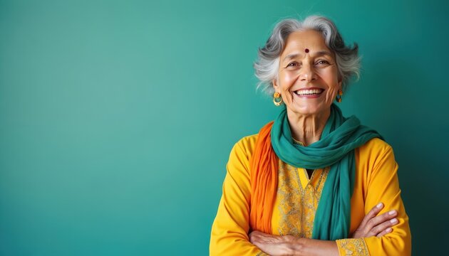 Elderly Indian woman smiles brightly in traditional yellow and green attire with orange scarf. She has grey hair, earrings, and a bindi on her forehead.