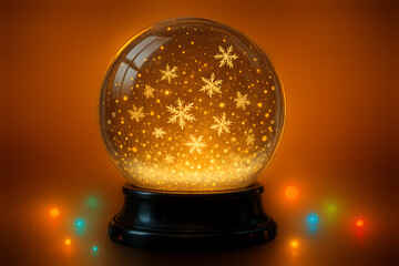 Bright glowing snow globe with golden snowflakes symbolizing holiday celebration Christmas festive decoration and warm winter season spirit