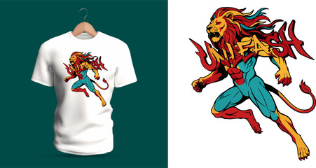 This vector T-shirt design features a dynamic anthropomorphic lion sprinting forward with flowing multicolored mane and muscular stylized body. The bold graffiti lettering “Unleash” expands behind © nicholasgeorgiou