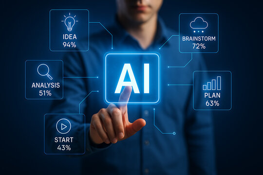 Businessman interacting with futuristic artificial intelligence dashboard showing idea analysis planning and digital innovation technology - Powered by Adobe