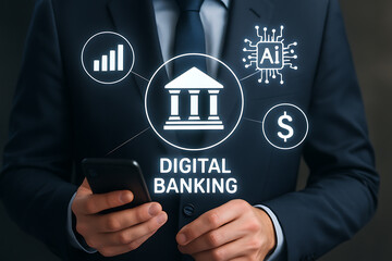 Businessman using smartphone surrounded by futuristic icons of digital banking artificial intelligence finance and technology in modern financial industry innovation