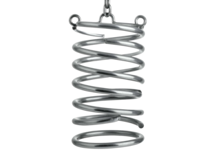 Gleaming metal coil suspension, hanging from a chain