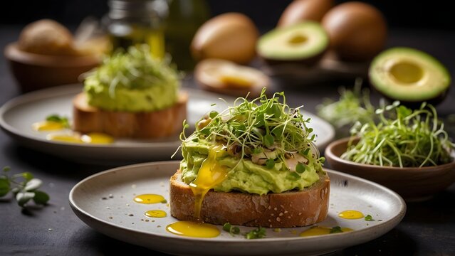 Enjoying fresh avocado toast with green sprouts and eggs on a wooden table surrounded by avocados and cooking ingredients in the kitchen Generative AI