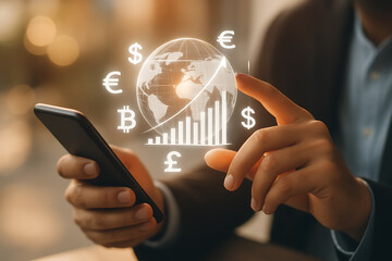Global finance technology with businessman using smartphone surrounded by holographic globe and international currency icons representing investment and digital economy growth