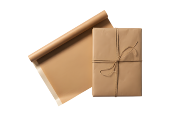 Eco-friendly kraft paper wrapped parcel with a rolled sheet beside it . Isolated on transparent background, png