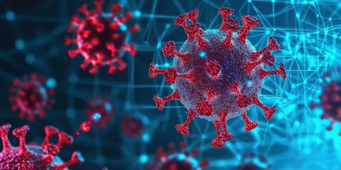 Vaccines virus distribution concept. 3D rendering of a virus with red and blue elements in a science context.