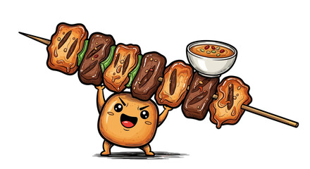 Animated Food Character Balancing Delicious Skewered Treats with a Sauce Bowl