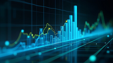 Dynamic blue and green digital stock market graph with bar charts and lines on a dark background, financial data analysis, investment trends, corporate growth, and global economy fluctuatation