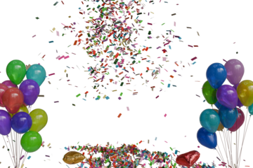 Vibrant confetti rains down and piles up on a transparent background, flanked by festive bunches of colorful balloons, creating a lively celebratory scene