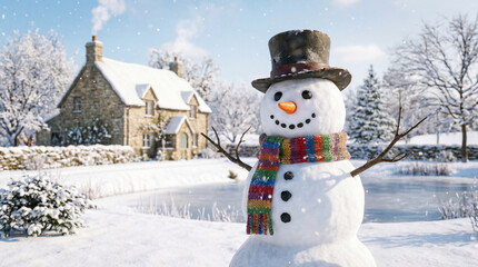 Fototapeta premium snowman in the snow christmas background with snowman