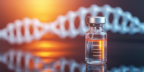 Vaccines virus distribution concept. Vial with liquid in front of a DNA helix background.
