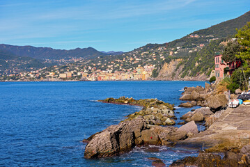 Panoramic view of Camogli and Punta Chiappa, in Liguria, Italy