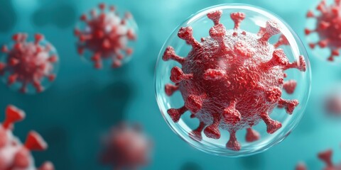 Vaccines virus distribution concept. Microscopic view of a virus with red spikes in a blue background.