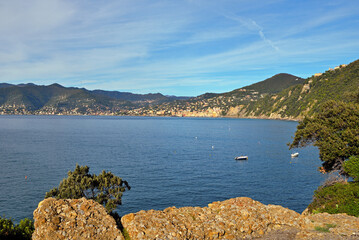 Panoramic view of Camogli and Punta Chiappa, in Liguria, Italy