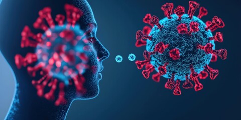 Vaccines virus distribution concept. Digital representation of a person and virus interaction concept.