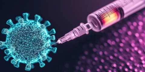 Vaccines virus distribution concept. Vaccine syringe targeting a virus illustration with vibrant colors.