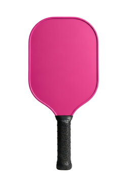 brand new magenta pink pickleball paddle with black perforated grip tape, isolated against a transparent background with copy space for advertising. concept for active lifestyle and sports