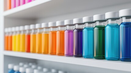 Vaccines virus distribution concept. Colorful bottles lined on a shelf in a neat arrangement.
