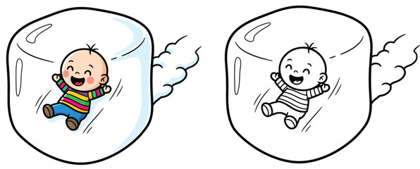 A humorous culinary figure for children a vector image with a black and white outline for a coloring book page and a cute cartoon baby boy sliding on a large white marshmallow