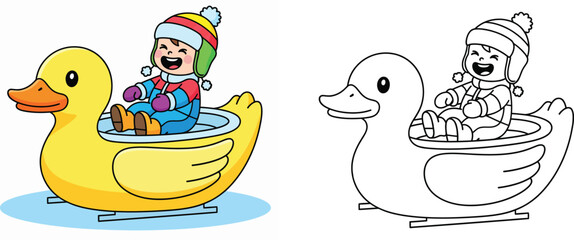 An amusement park ride a vector drawing with a black and white outline for a coloring book page and a happy cartoon child dressed for winter riding a yellow duck sled
