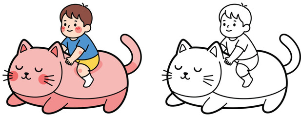 Cute cartoon little boy riding on giant sleeping pink cat vector illustration with black and white outline for coloring book page funny animal character for kids education and leisure