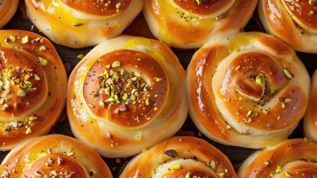 A closeup view of a collection of freshly baked pastries with a glossy, goldenbrown glaze and sprinkled with green pistachios. The pastries are arranged in a circular pattern.