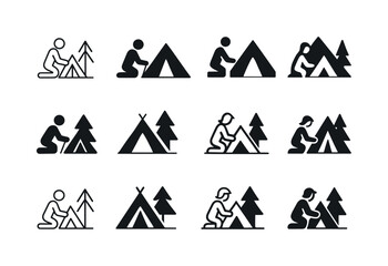Tent Setup Icons. Setting up a tent. Icon set. Set Logo of setti