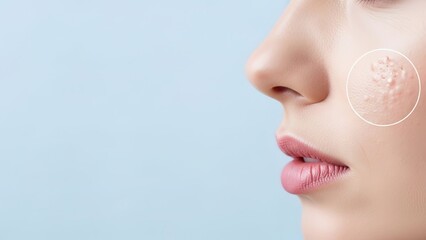 Close up of a woman's cheek showing enlarged pores and blemishes, highlighting skin imperfections and potential acne concerns