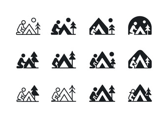 Tent Setup Icons. Setting up a tent. Icon set. Set Logo of setti