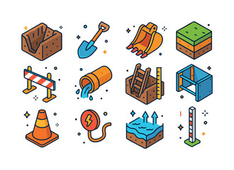 Trench Work Icons. trench. Colorful isometric vector icons set o