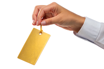 Gold Tag in Hand Isolated on White Background