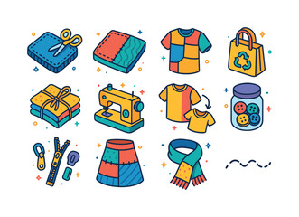 Upcycled Fashion Icons. upcycling fashion. Colorful isometric ve