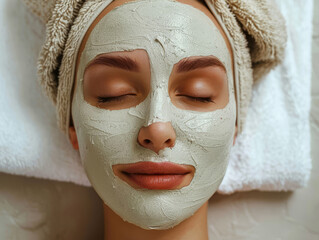 Fototapeta premium Woman with Clay Face Mask at Cosmetologist — Top View on Creamy Background