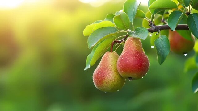 A closeup of two ripe pears with water droplets on their surfaces, set against a blurred green background. The pears are red and yellow, with the droplets reflecting light.
