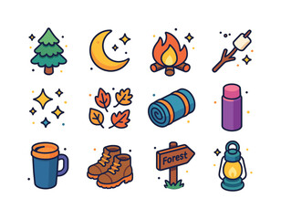 Woodland Evening Icons. woodland evening. Colorful isometric vec